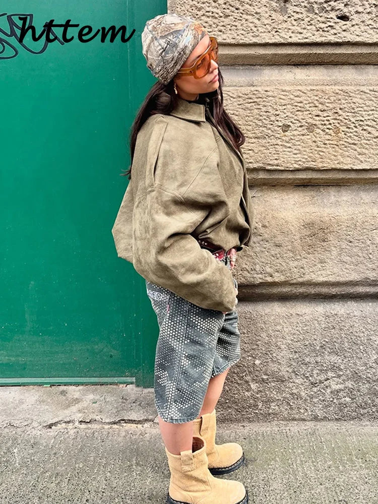 Street Women's Suede Bomber Jacket Fashion Lapel Zipper Full Sleeve Female Coats 2025 Spring Lady Casual Commute Vintage Outwear