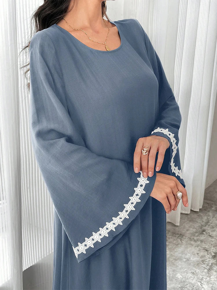 Rafiah Loose Turkish Maxi Dress Color Contrasting Flare Sleeve Crew Neck Stripe Kaftan Jalabiya Abayas Women Appliques