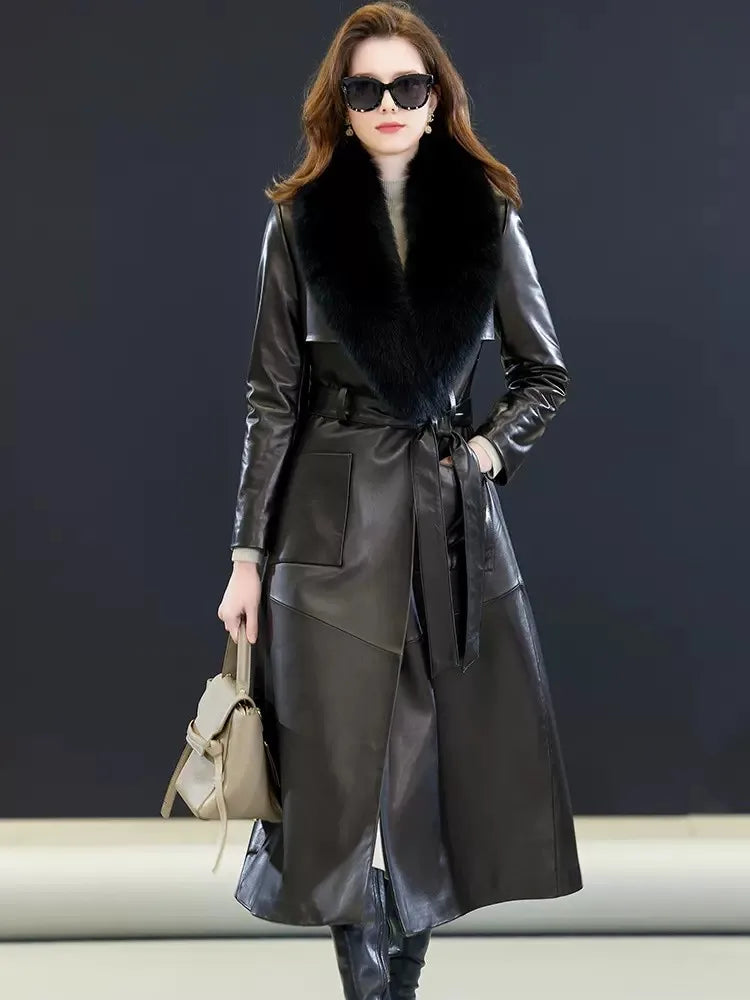 Real Fox Fur Collar Elegant Women Long Trench Coat Belted Slim Fit Winter Warm Sheepskin Down Coat Ladies Genuine Leather Jacket