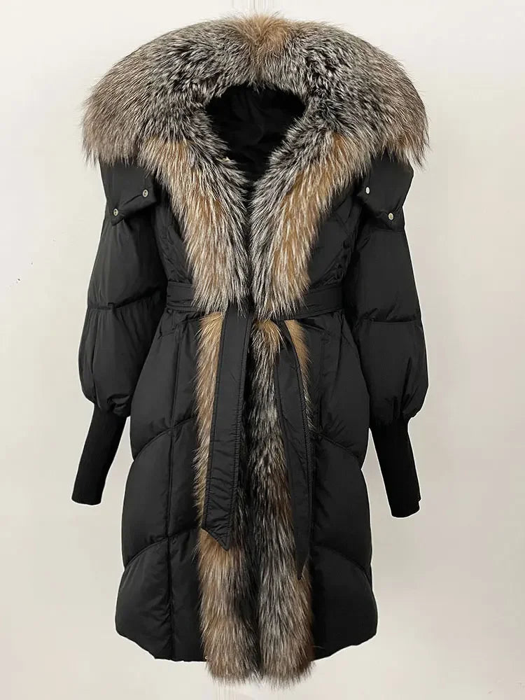 2025 Autumn Winter Women Coat Real Natural Fox Fur Long Down Jacket Thick Warm Casual Hooded White Duck Down Elegant Overwears