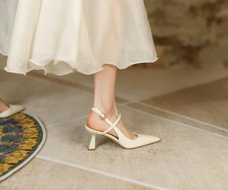 Summer Women Shoes Pointed Toe Thin Heel Women Sandals Genuine Leather Shoes for Women Slingback Elegant High Heels Party Shoes
