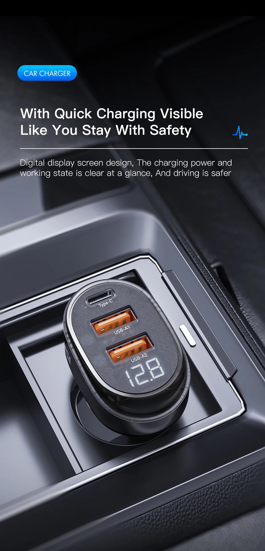 Essager 125W Digital Display Fast Car Charger For iPhone iPad MacBook USB A C Quick Charger For Huawei Honor Xiaomi Samsung OPPO