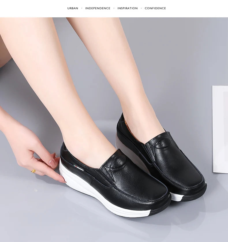 Women’s Genuine Leather Platform Loafers – Orthopedic Slip-On Casual Flats