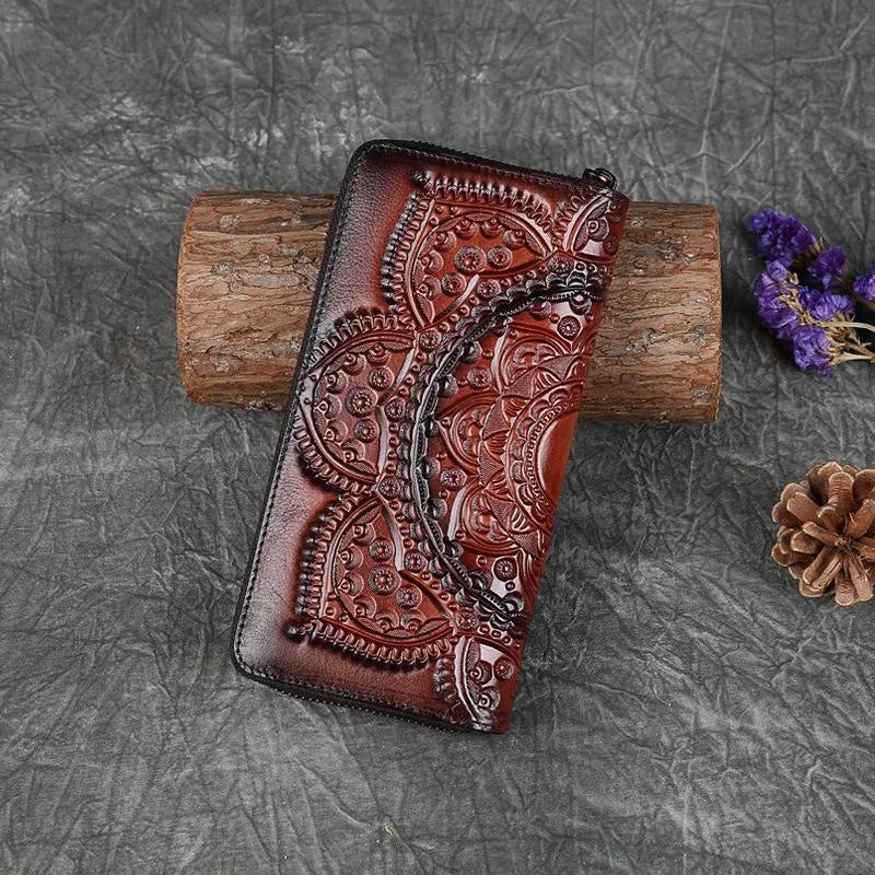 MOTAORA Retro Girl's Wallet Long Hand Bag Women's Leather Handmade Embossed Floral Phone Purse Chinses Style Ladies Card Holder