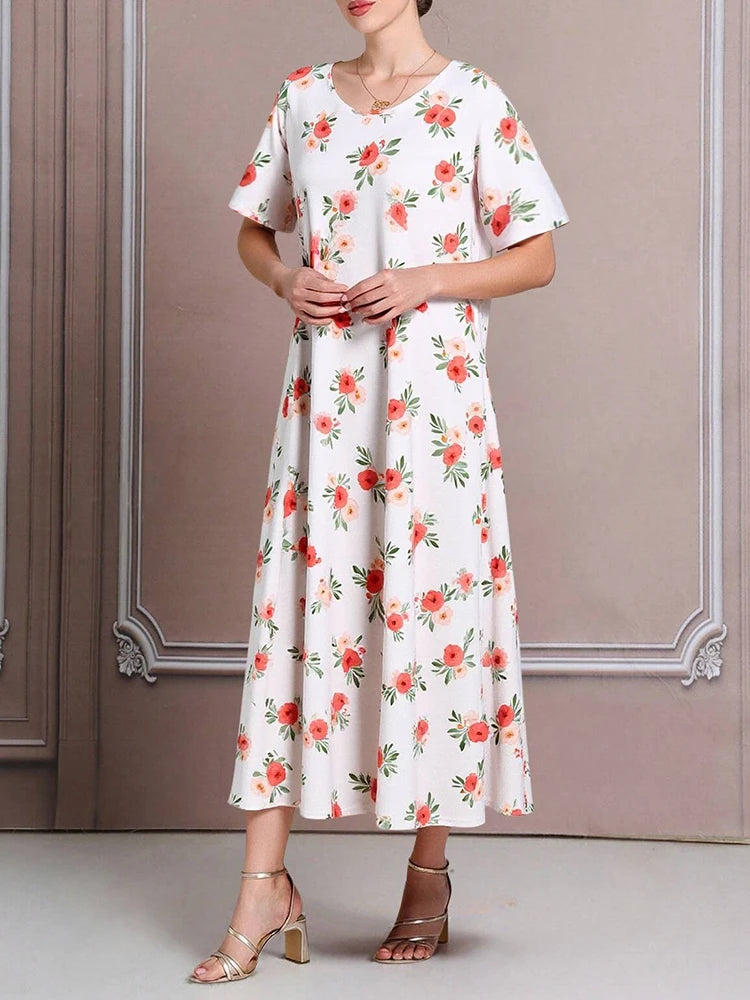 Rafiah Women's Even Dress Arabian 2025 Summer Elegant Contrast Color Full Print Short Sleeve Round-Neck Draped Long Dress