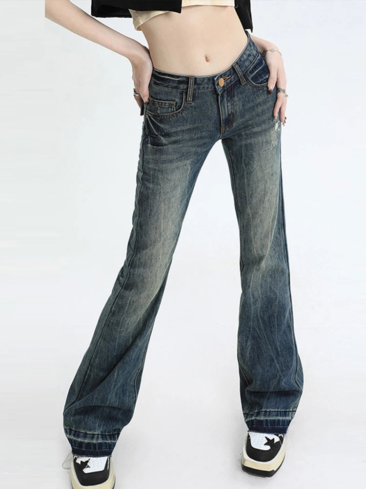 Vintage Women's Denim Low Rise Slightly Flared Jeans Pant Retro Pattern Printed Trendy Skin Fit Casual Daily Streetwear Trousers