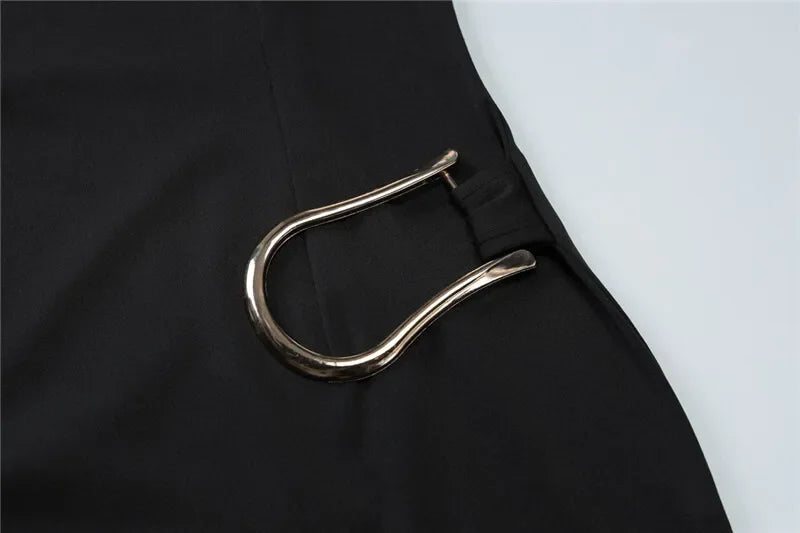 Women's Luxury Black Draped Mini Dress – Metal Buckle, O-Neck, Bodycon Fit