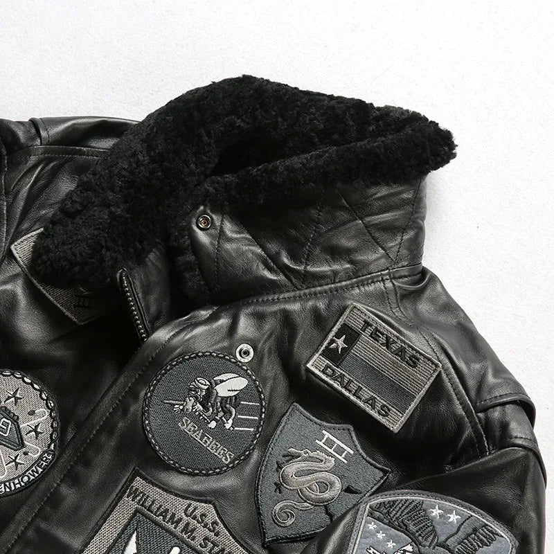 G1 flight suit jacket men Europe and the United States size embroidery French sheepskin leather coat sheep shearling collar top