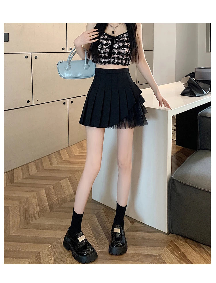 Slimming A-Line Skirt for ort Women High Waist Pleated Commuter Sle Net Gauze f Body Skirts Fem Faion
