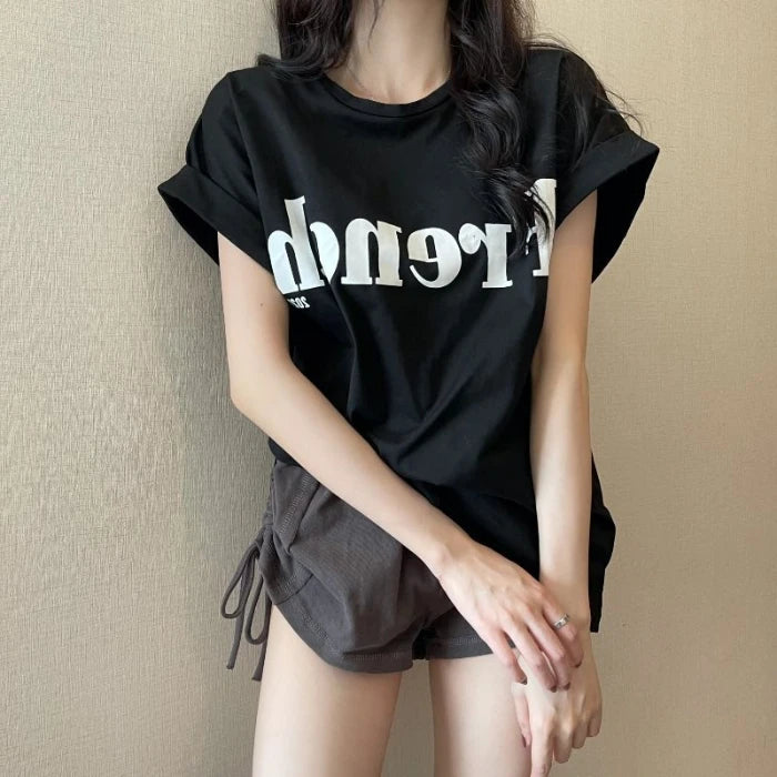 Loose ort Sve T-irt Women's Summer Thin Design Sense Hong Kong Sle Chic Retro Top Trendy round Ne Polyester ...