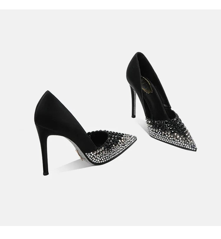 Black Rhinestone High Heels Women's New Summer Style Socialite Small Stature Thin Heels Pointed And Sexy Women's Shoes