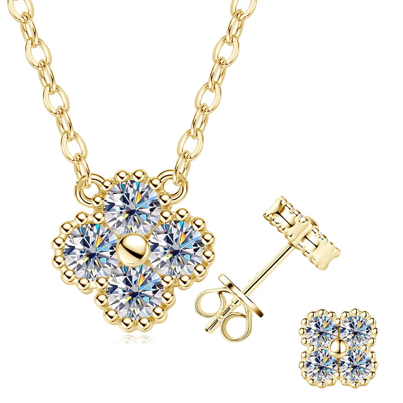 Lnngy 925 Certified Silver Chains Four Leaf Flower Pendant Necklaces 3mm 0.1ct Moissanite Necklace Stud Earring Jewelry Set