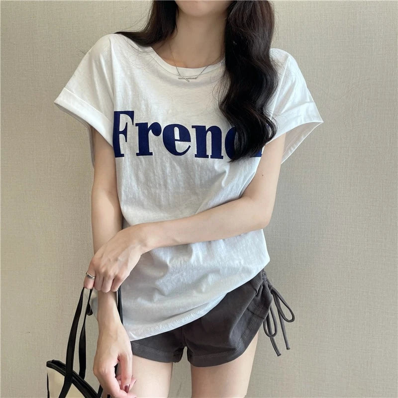 Loose ort Sve T-irt Women's Summer Thin Design Sense Hong Kong Sle Chic Retro Top Trendy round Ne Polyester ...