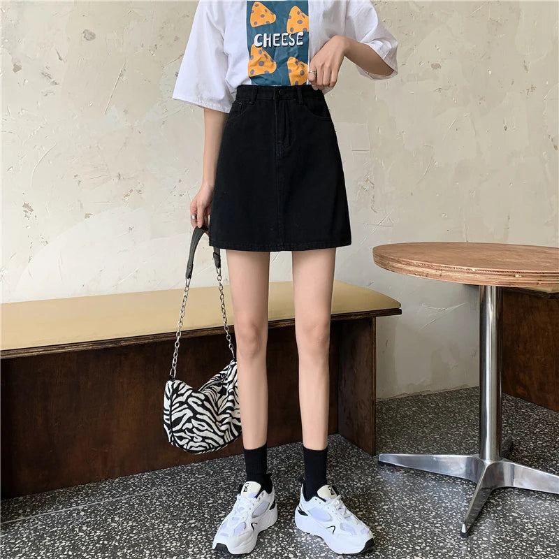 Spring New Women's Denim Skirt A-Line Flared Skirts Butt Covering Body Slimming f-length for plus Size MM