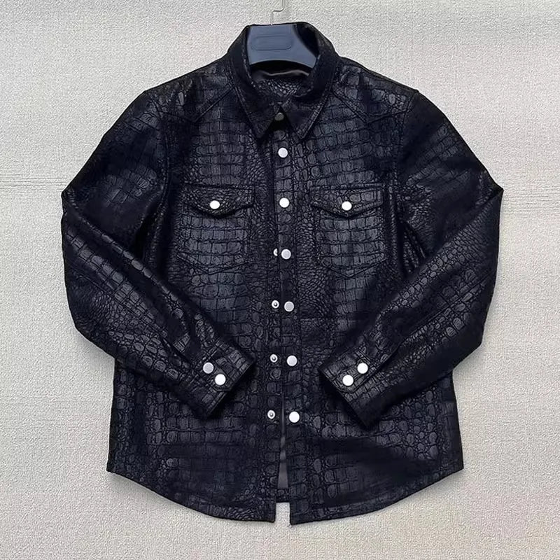 Soft Alligator Pattern Sheepskin Genuine Leather Jacket Men Slim Fit Single Breasted Business Casual Work Natural Leather Tops