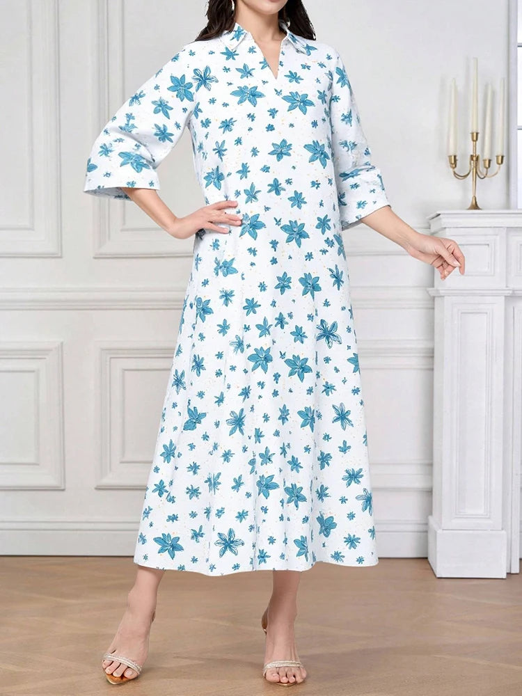 Rafiah Women's Even Dress Arabian 2025 Summer Comfortable Indie Folk Graphic Printing Lapel Midi Loose Fit Long Dress