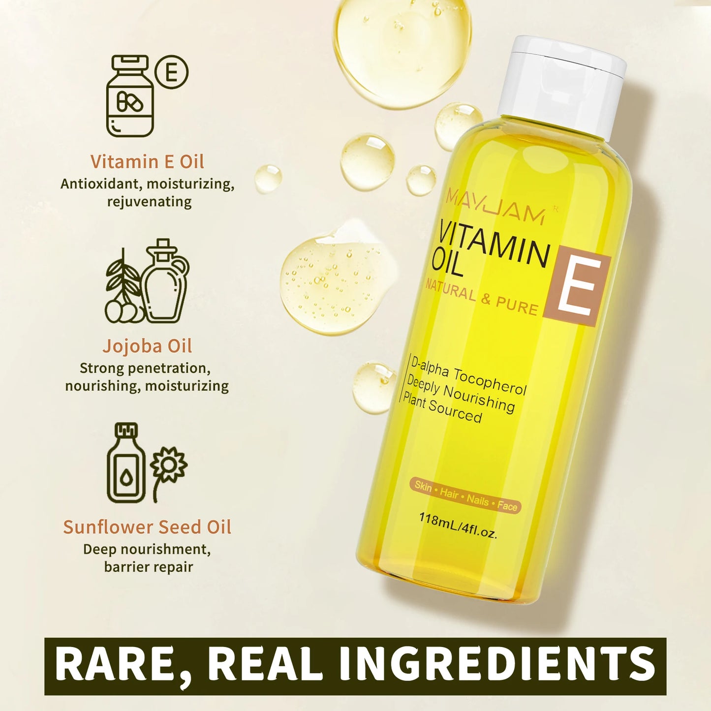 MAYJAM 118ml 236ml Pure & Natural Vitamin E Oil for Skin Hair Nails & Face Care Deeply Nourishing Moisturizing Massage Oil