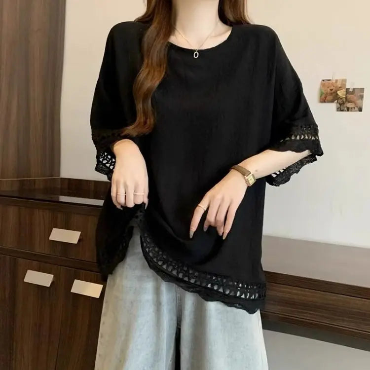 Lace Hollow out Texture ort Sve Women's T-irt Summer plus Size Conceals Belly Slimming Faionable Top Korean Sle