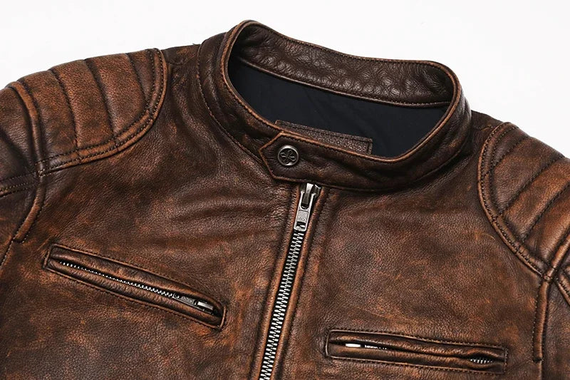 Vintage Camel Yellow Genuine Leather Biker Jacket – Slim Fit Cowhide Men’s Motorcycle Coat