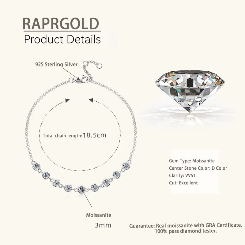 RAPRGOLD Moissanite Necklace Earrings Bracelet Ring Fine Jewelry Set for Women S925 Sterling Silver Round Pendant Chains Gifts