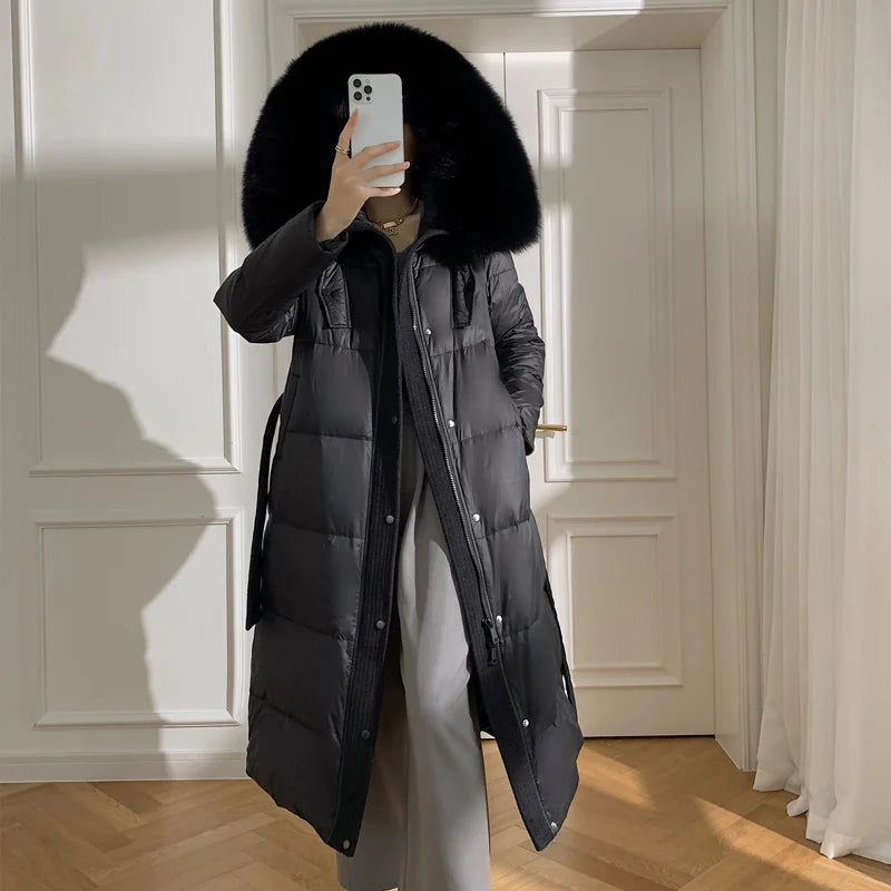 Women’s Luxury White Goose Down Coat – Hooded Long Jacket with Fox Fur Collar & Belt