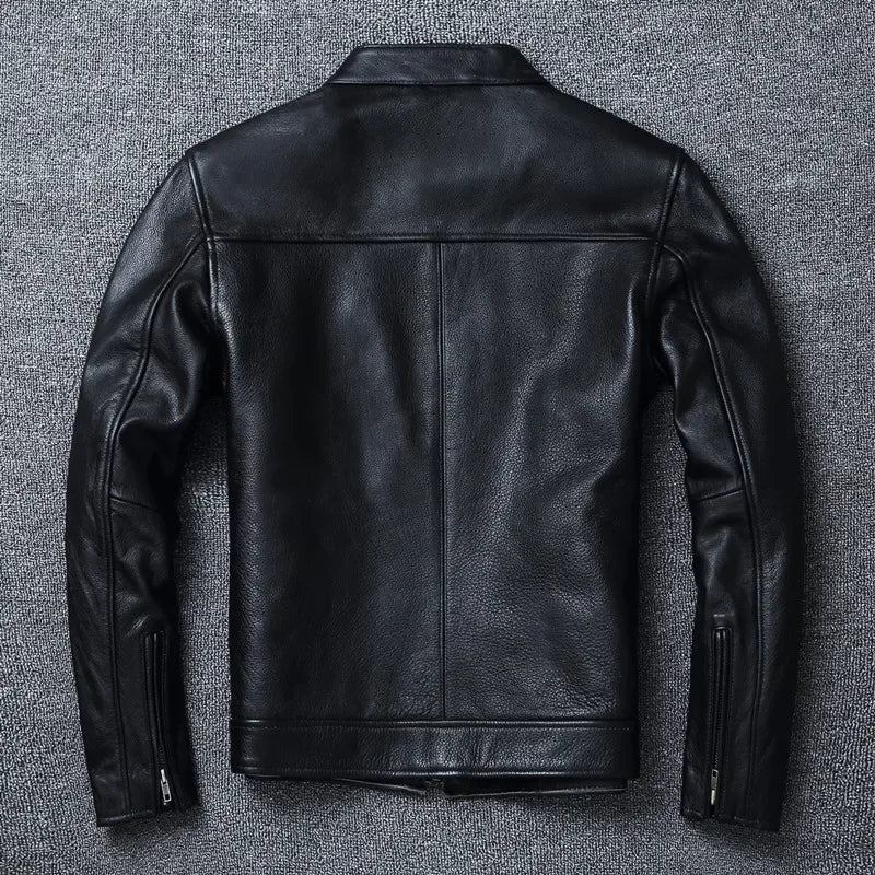 Top Layer Cowhide Slim Fit Stand Collar Motorcycle Suit Men's Leather Jacket Soft Cowhide Large Size Jacket Fashion