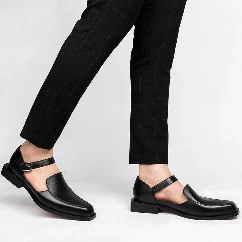 Black Men Summer Sandals – PU Leather Square-Toe Dress Shoes with Buckle Strap (EU 38–48)