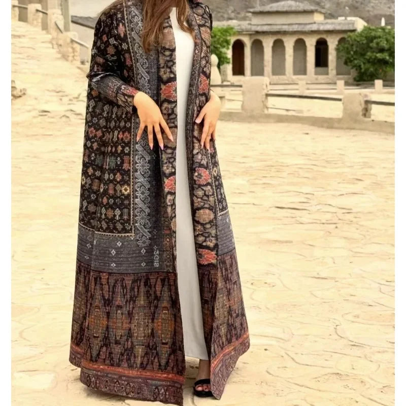 KAF Pleated Women Trench Coat Vintage Printed Cardigan Design Loose Plus Size Women Long Dress Dubai Female Luxury Abaya 2024