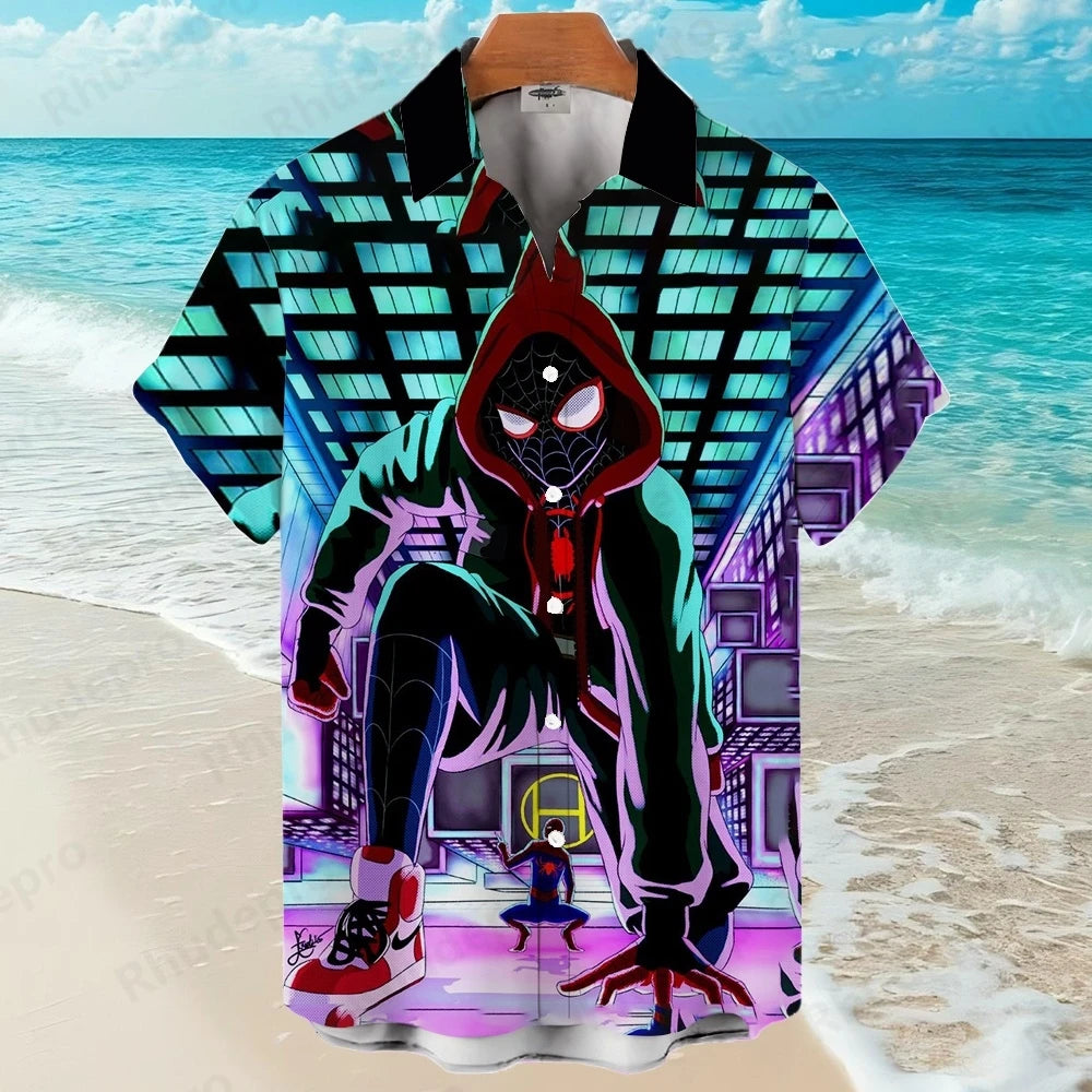 Disney Spider-Man Superhero Cartoon Hawaiian Shirt Print Men's Lapel Short Sleeve Single Shirt Casual Trendy Versatile