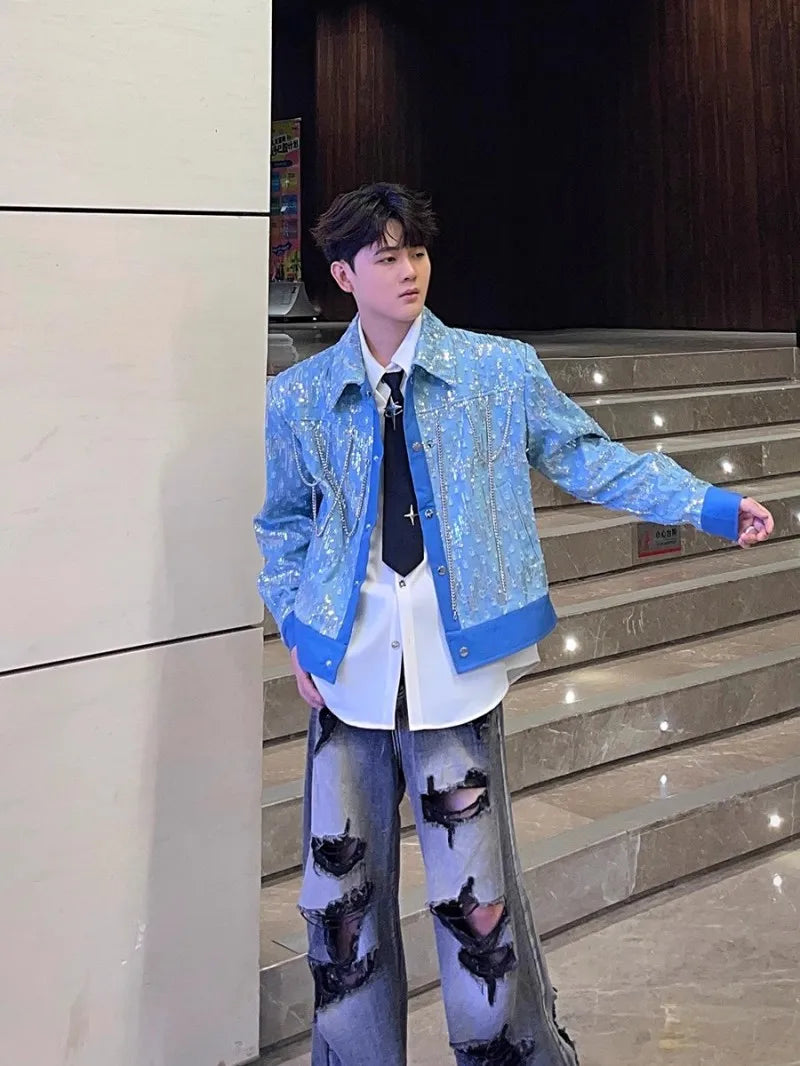 Mens Blue Denim Jacket Fashion Sequined Chain Turn-Down Collar Spring Autumn Short Coat Single Breasted Casual Outerwear Male