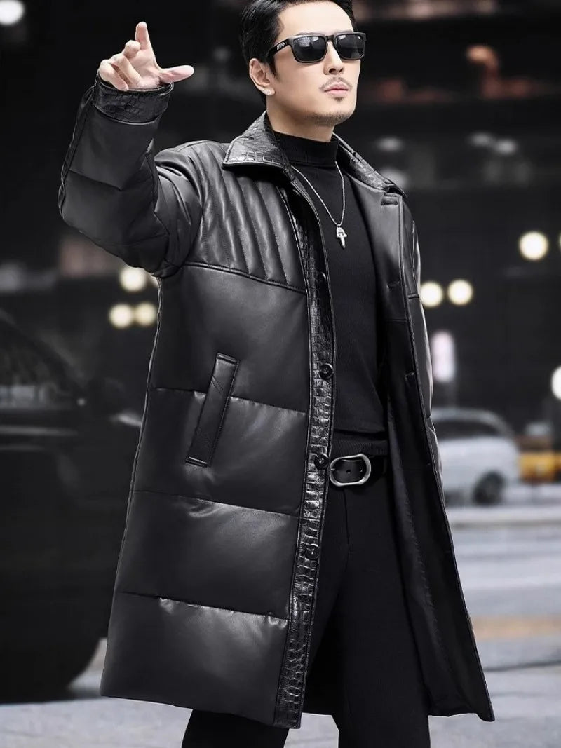 Winter Mens Sheepskin Genuine Leather Down Coat Thicken Warm Single Breasted Turn-Down Collar Medium Length Overcoat Size 5XL