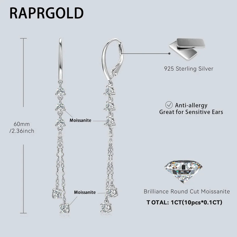 RAPRGOLD Certified Moissanite Tassels Chain Hoop Earring for Women 925 Sterling Silver Dangling Earrings Jewelry Gift pendientes
