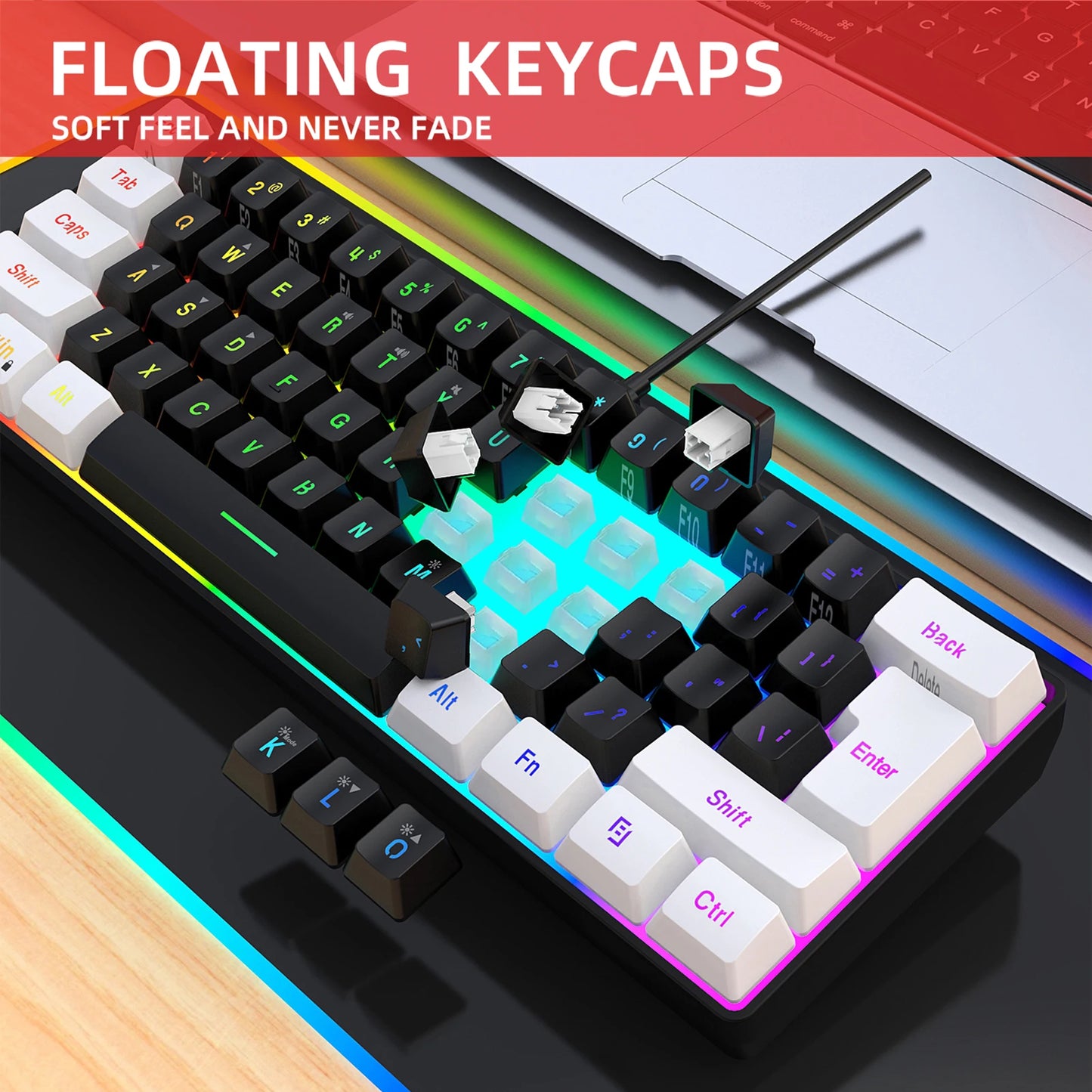 HXSJ V700BW A869 USB Keyboard Mouse Kit 61-key Wired RGB Backlight Computer Keyboard Colorful LED Lighting 3200DPI Gaming Mouse