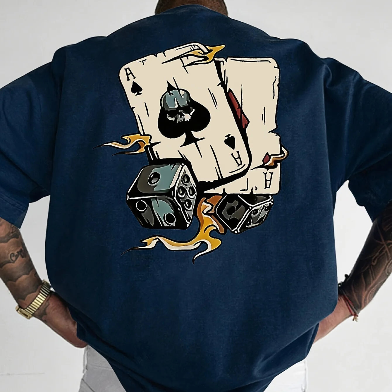 Men's summer 100% pure cotton fashionable casual loose spade a and dice printed round neck short sleeved T-shirt top