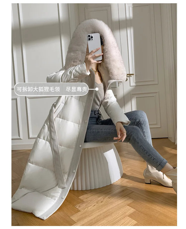 Women’s Luxury White Goose Down Coat – Hooded Long Jacket with Fox Fur Collar & Belt
