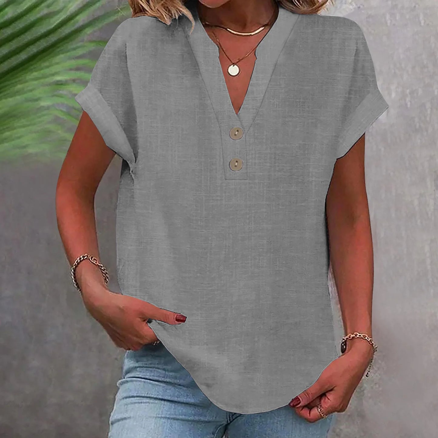 Cotton Linen Short Sleeved Breathable Shirt Summer Solid Color Fashion Stand Up Collar Button Down Women's Casual Office Shirt