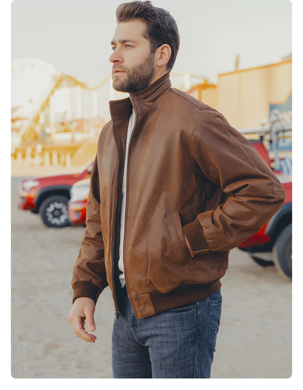 Men’s Pigskin Leather Bomber Jacket – Casual Stand Collar Leather Coat