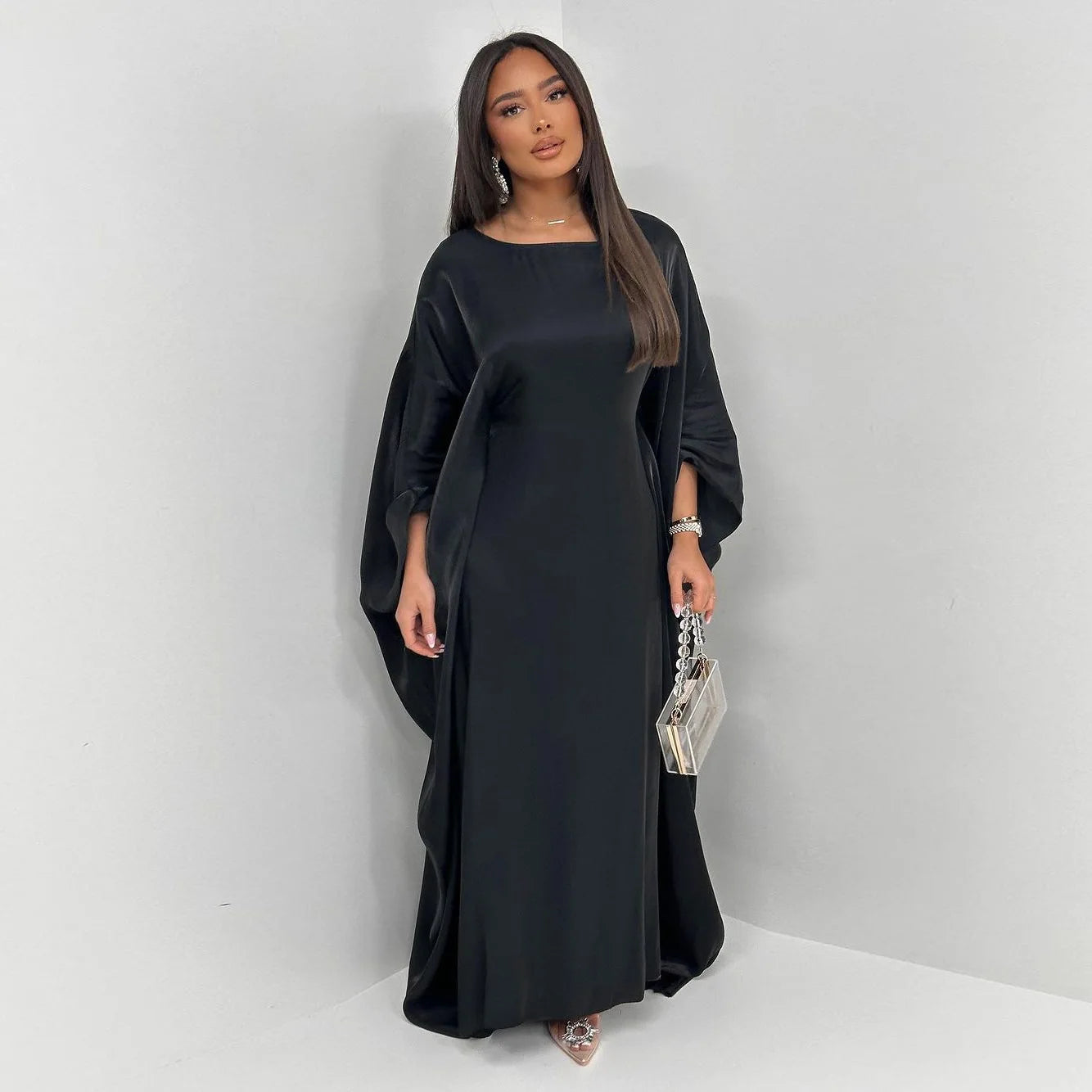 Batwing Butterfly Sleeve Satin Dress Abaya Dubai Muslim Maxi Dress Kaftan Abayas for Women Kebaya Caftan Robe Femme Vestidos