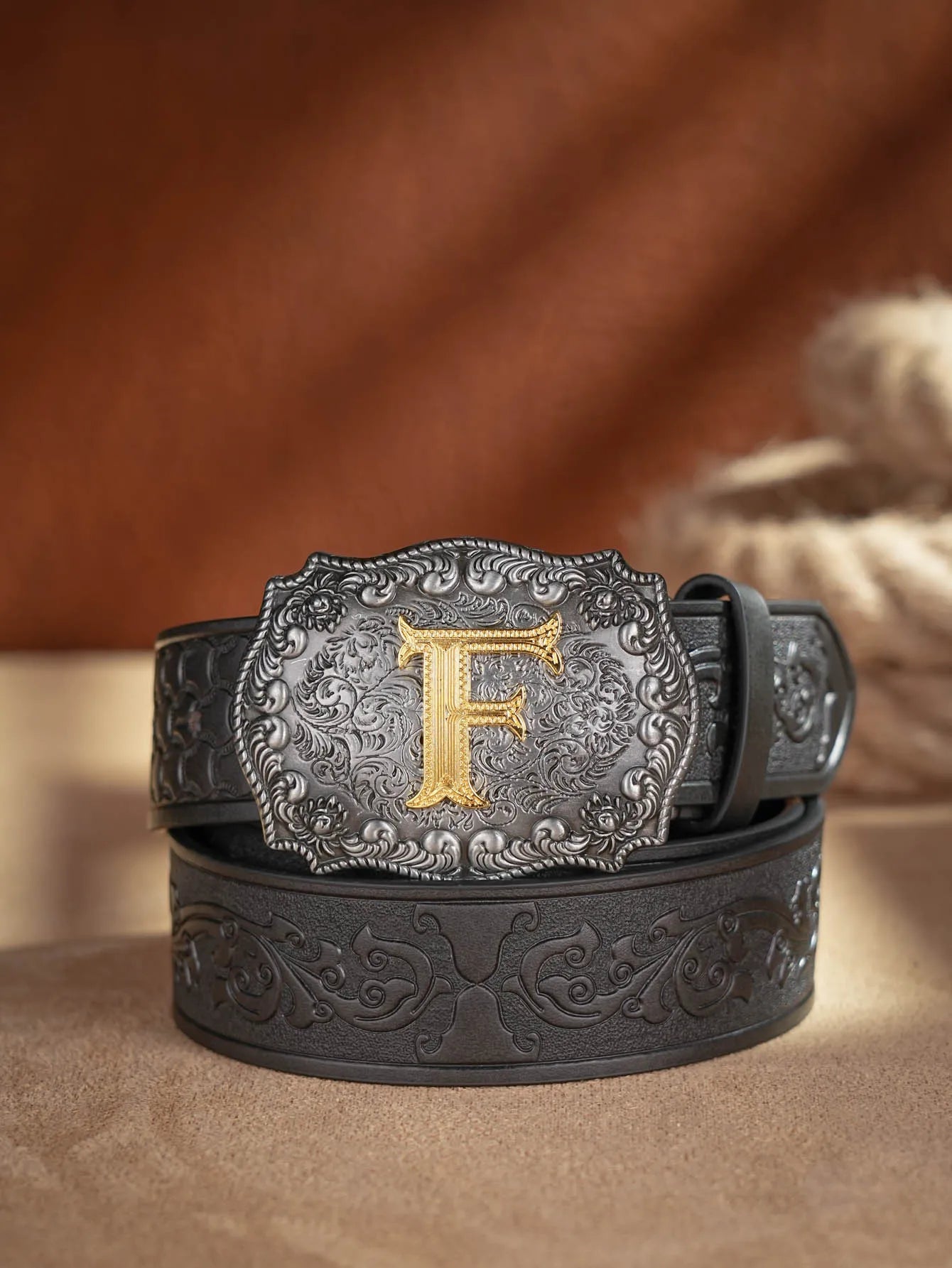 Western Cowboy PU Leather Belt - Men Waist Strap Bull Decoration Floral Engraved for Jeans