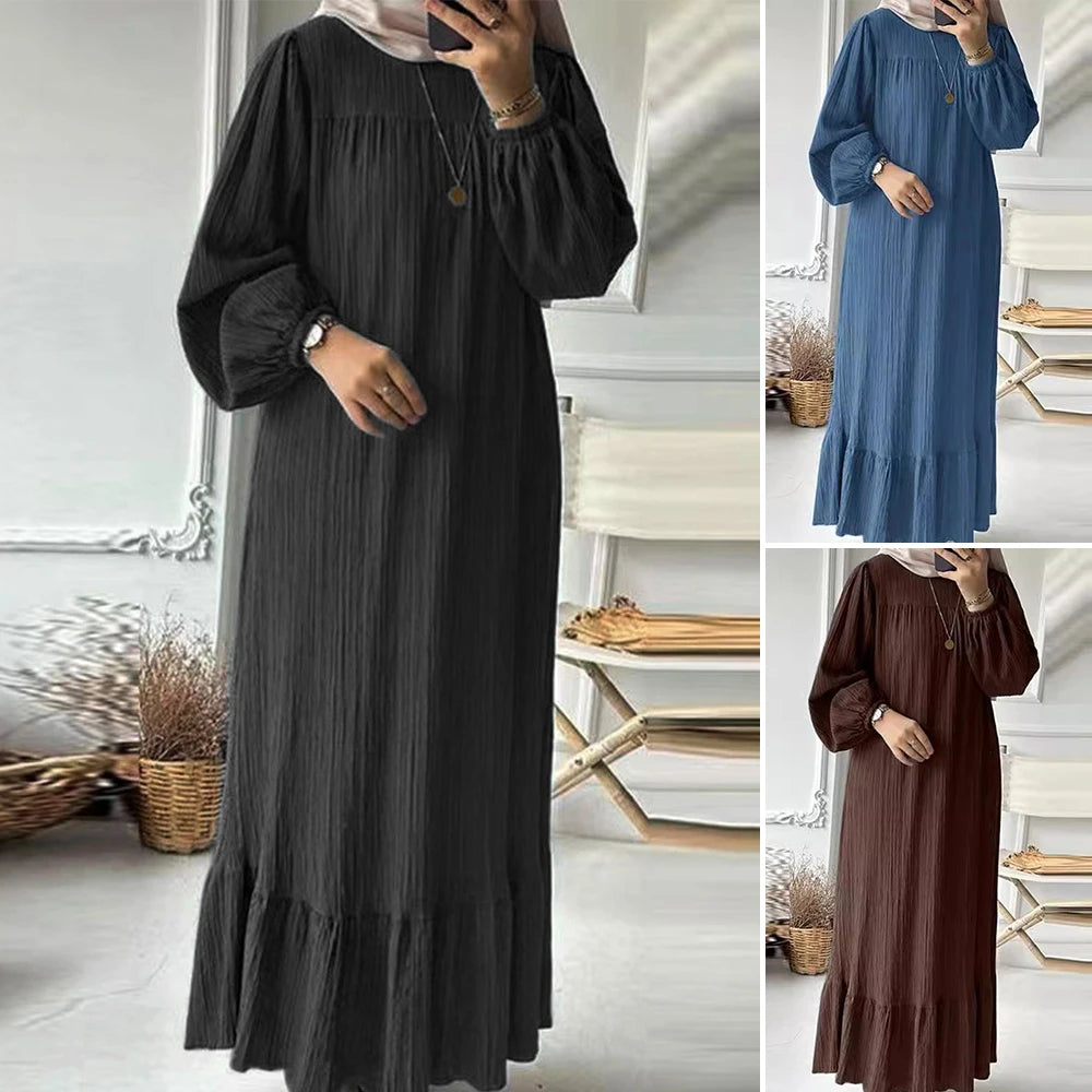 Rafiah Women's Dresses Summer Comfortable Elegant 2025 Folds Plain Long Sleeve Round Neck A-Line Midi Vacation Long Dress