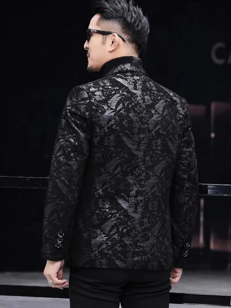 Business Men Work Slim Fit Real Sheepskin Genuine Leather Jacket Spring Autumn Floral Printed Single Breasted Blazer Suit Coat