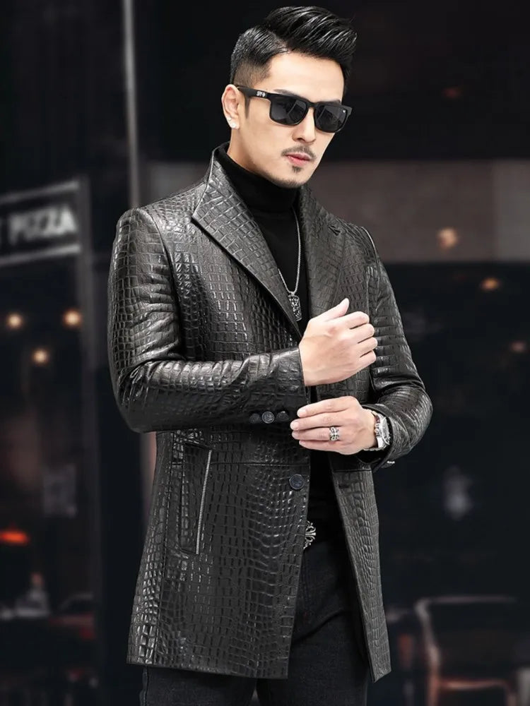 High Quality Luxury Genuine Leather Blazers Men Spring Slim Office Man Embossing Real Sheepskin Coat Suit Jacket Size Runs Small