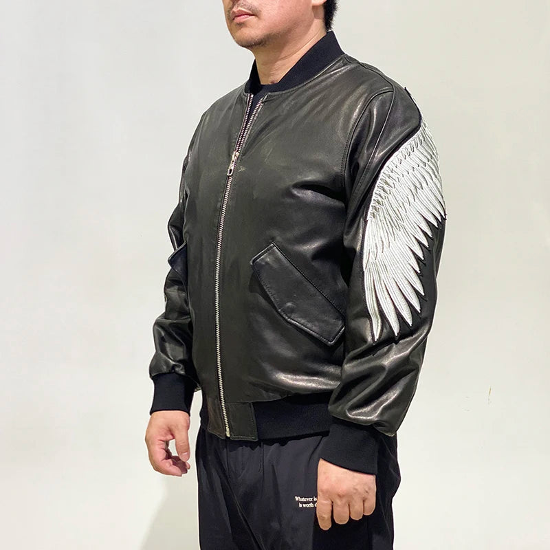Embroidered eagle wings leather baseball jersey men stand-up collar full vegetable tanned sheepskin genuine leather jacket tops