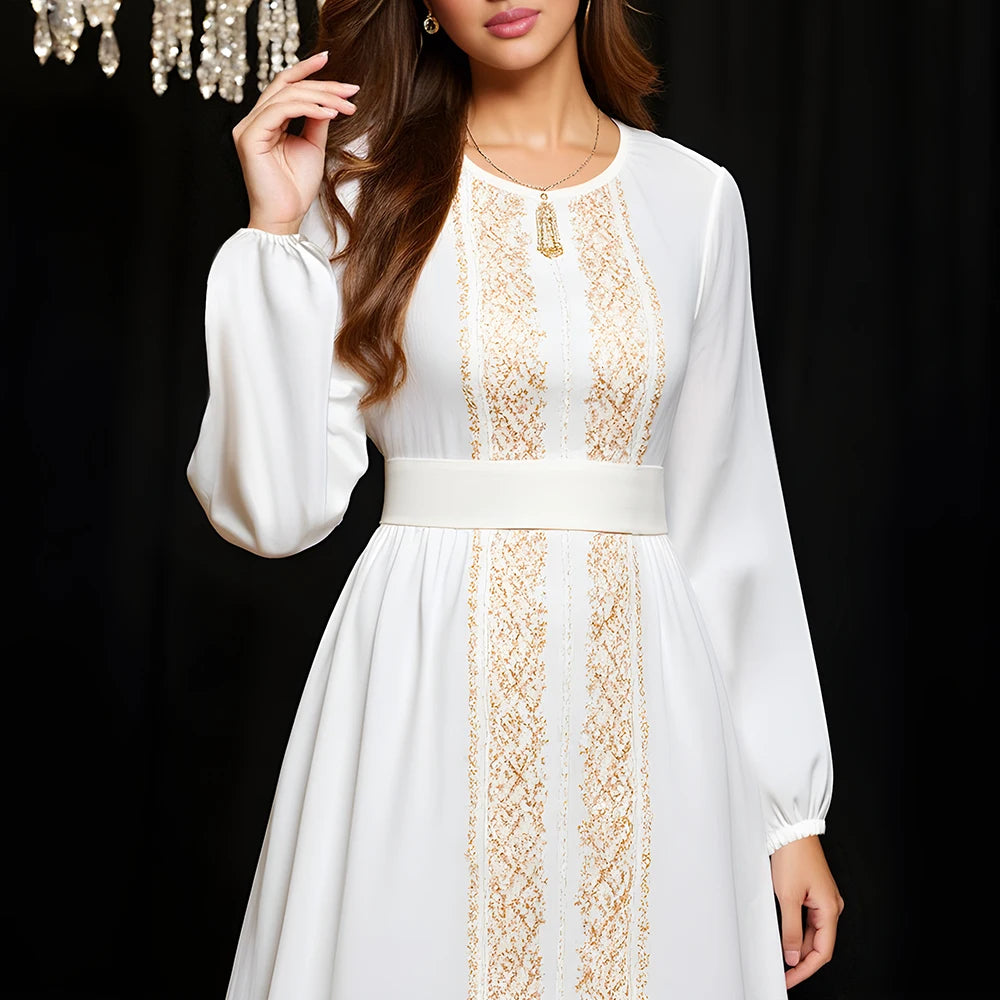 Rafiah Autumn Arabian Long Dress 2025 Elegant Daily Appliques Flounce Long Sleeve Crew Neck Midi A-Line Long Dress For Women