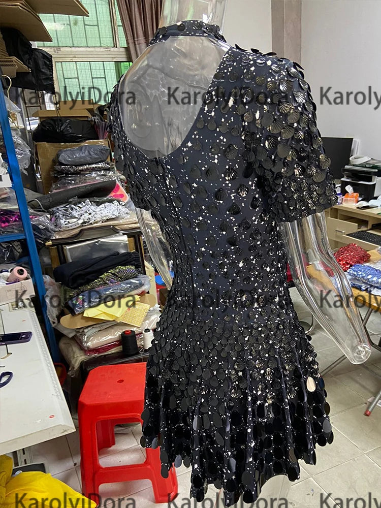 Sexy Black Shell Sequins Mini Dress Nightclub Dance High Quality Performance Clothing Bodysuit Birthday Red Dresses