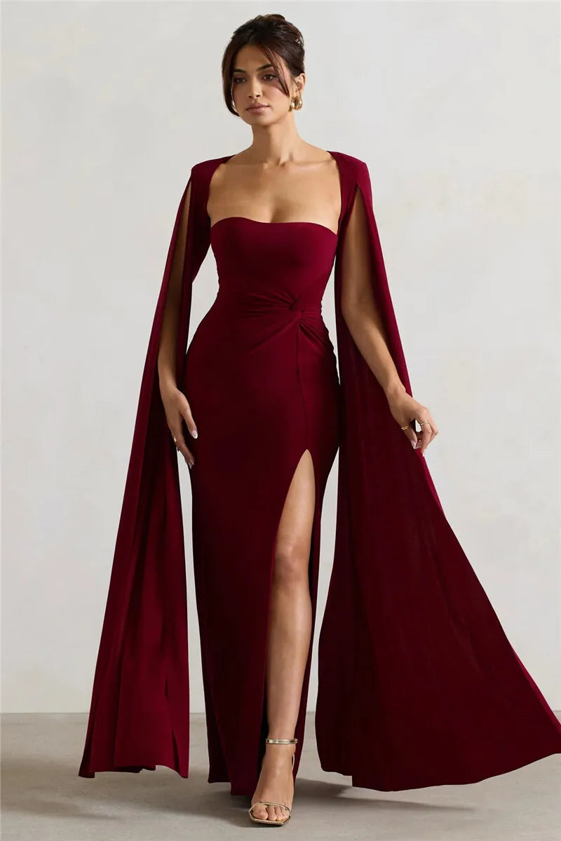 Mozision Long Cape Sleeve Split Maxi Dress For Women Gown Fashion Solid Square Collar Evening Sexy Long Dress Elegant New
