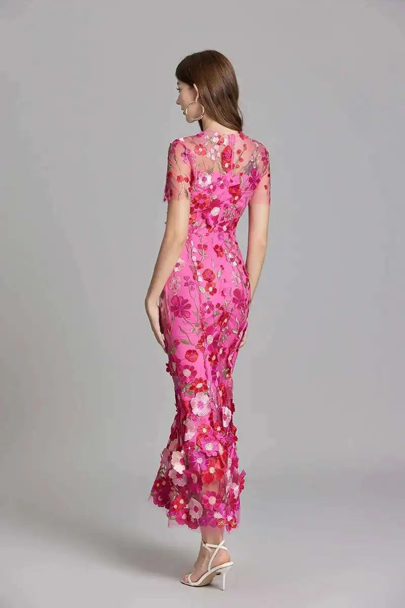 French Luxury 3D Flower Fishtail Lace Prom Dress – Women's Summer Short Sleeve Midi Evening Dress