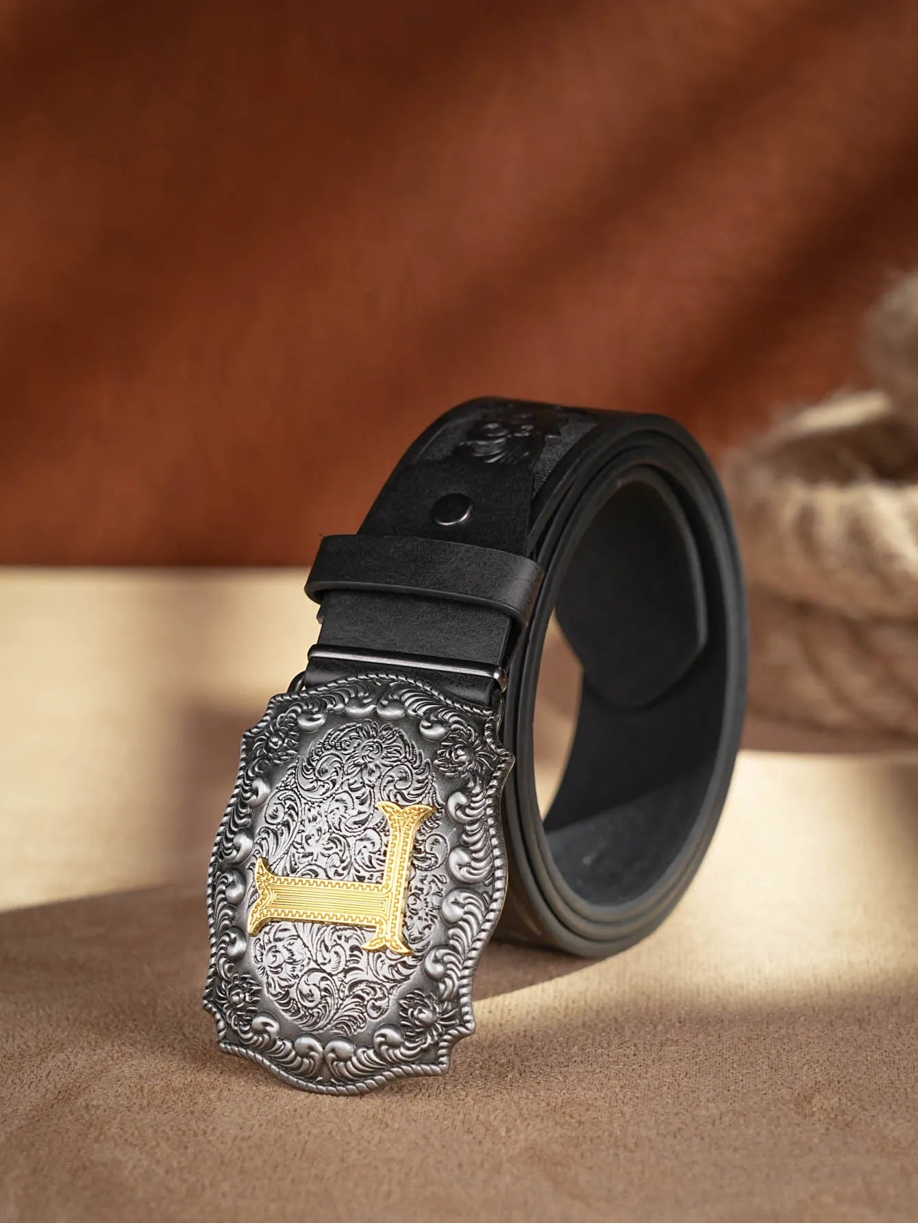 Western Cowboy PU Leather Belt - Men Waist Strap Bull Decoration Floral Engraved for Jeans