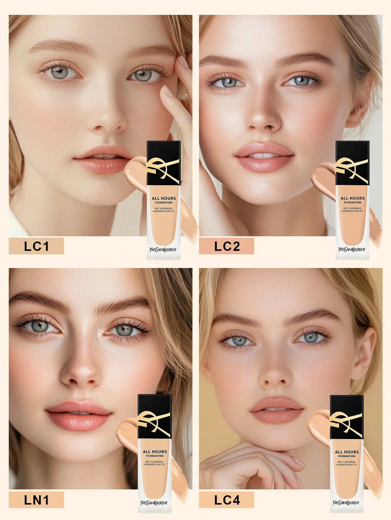 Yves Saint Laurent All Hours Foundation Full Cover Luminous Matte-All Day Long Wear SPF 20 #LC1 #LC2 #LN1 #LN4 - 0.84 fl.oz./25m