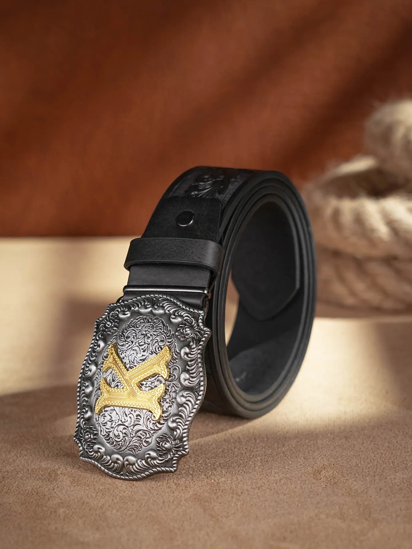 Western Cowboy PU Leather Belt - Men Waist Strap Bull Decoration Floral Engraved for Jeans